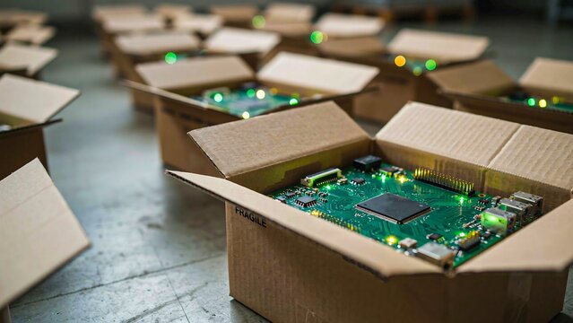 Electronic circuit boards packaged in cardboard boxes for technology manufacturing and distribution