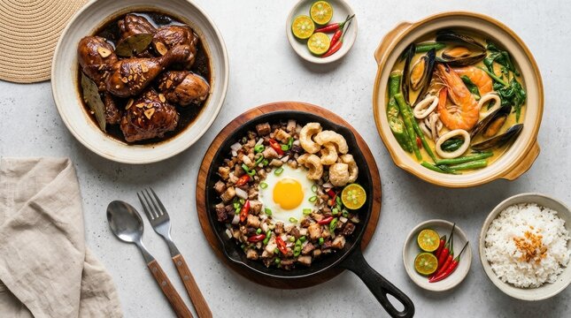 Top view of traditional Filipino cuisine feast with sisig adobo and seafood kare-kare.