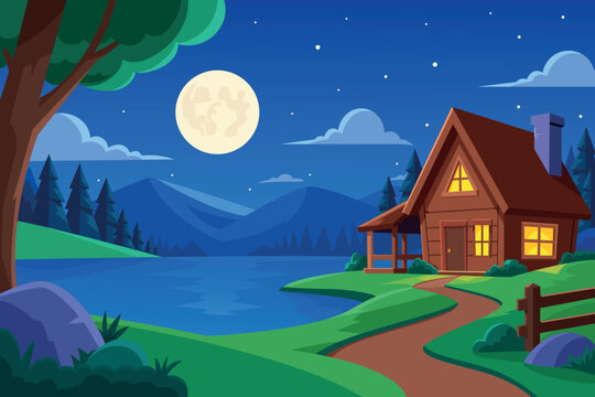 Vector Illustration of a Rustic Wooden Cabin on a Lakeshore at Night, Illuminated by a Full Moon Among Mountains and Pine Trees
