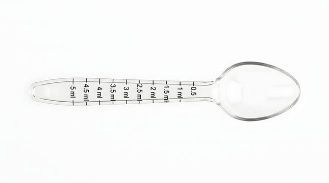 Transparent plastic measuring spoon with milliliter markings isolated