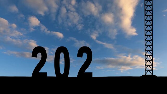 Crane lifting number 6 and come down to 2027, prepare for welcome start of beginning new year 2026 to 2027 with silhouette construction site and worker staff team cooperate together, sunrise sky at ba