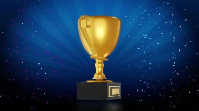 Golden trophy cup for winner on blue background with confetti