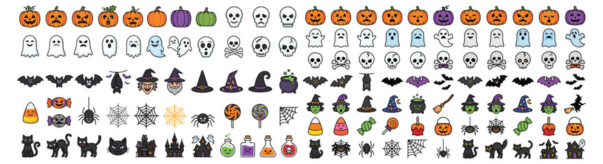 Fototapeta premium Halloween Icon Set Flat Vector Illustration, Spooky Holiday Elements and Character Graphics Collection
