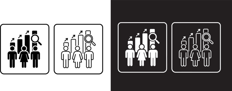 Target audience demographics and workforce analytics icon set, HR team performance evaluation with magnifying glass and bar chart, market research symbol