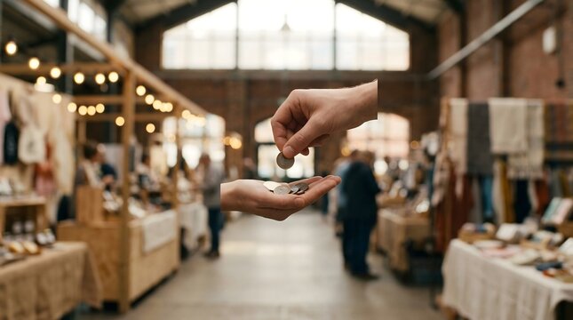 Close Up Hand Paying Cash Coins In Local Artisan Market Transaction