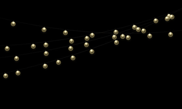 Multicolor festive string lights with bright LED bulbs isolated transparent background