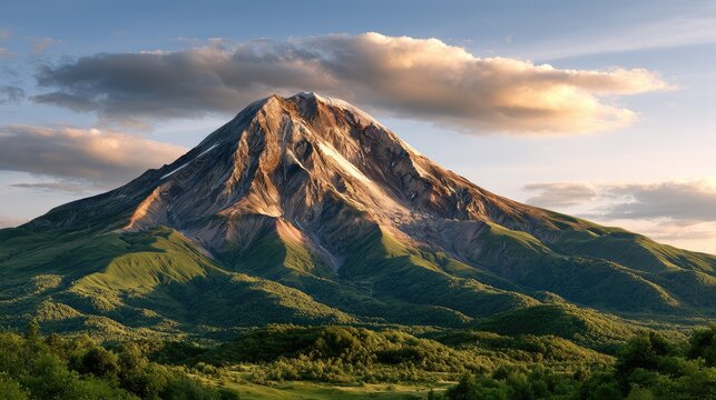 Majestic volcano rises above lush green landscape under soft clouds during golden hour serenity in nature