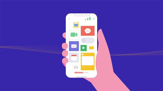 Hand holding smartphone with mobile notification cards 2d animation