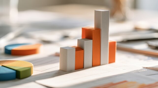 Colorful financial bar and pie charts sitting on a desk in bright sunlight. Perfect for corporate business reports and investment presentations.