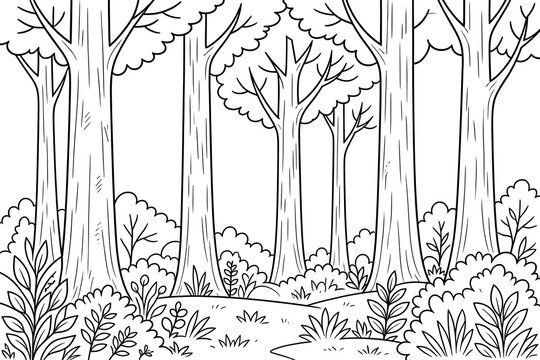 Dense forest landscape filled with tall trees and plants coloring page illustration