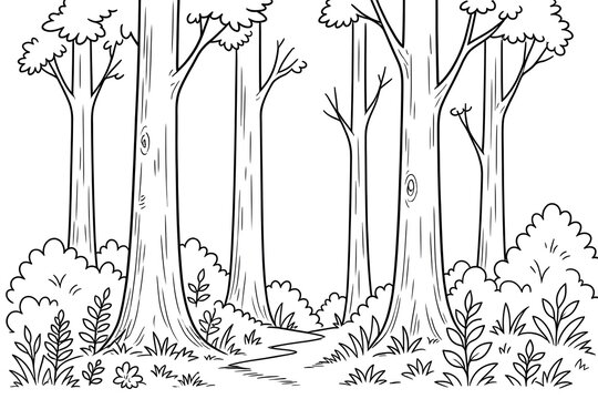 Forest path surrounded by tall trees and bushes coloring page outline