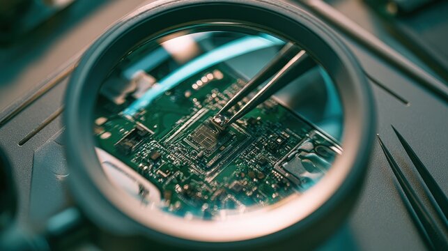 Close up of a green printed circuit board being repaired with tweezers under a magnifying lens in a workshop. Great visual for advanced technology and hardware engineering.