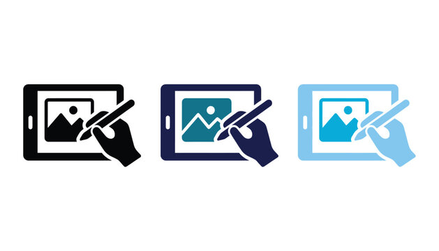 Set of digital drawing tablet icons with a hand holding a stylus pen, illustrating creative design and graphic editing tools