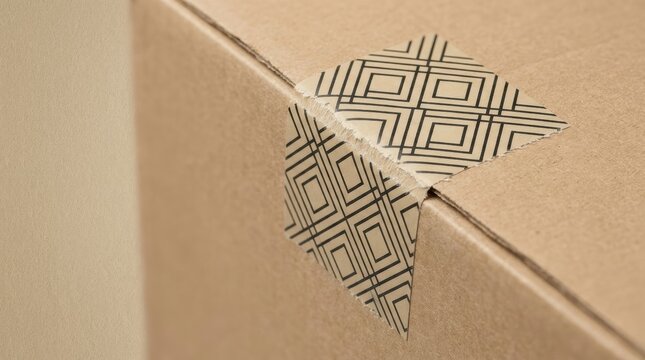 returned parcel tamper seal inspection Close-up of cardboard box corner sealed with patterned packing tape