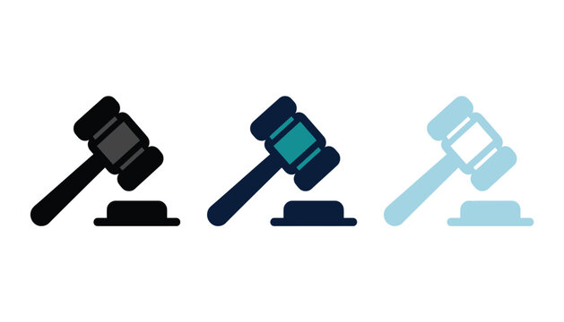 Set of judge gavel icons in different color styles, legal and auction symbols for law and justice concepts