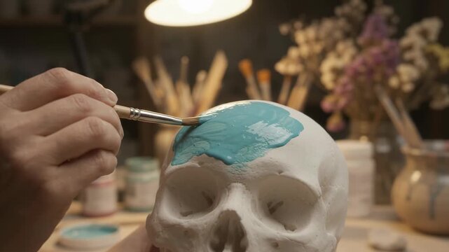 Human skull sculpture being painted with blue acrylic for el dia de muertos day of the dead decoration, artist hand holding paintbrush inside studio workshop, creative holiday craft preparation.