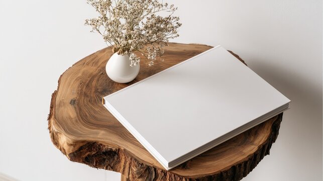 A blank white book lies on a rustic wooden table next to a dried flower vase in natural light. Perfect for branding mockups and editorial presentations.