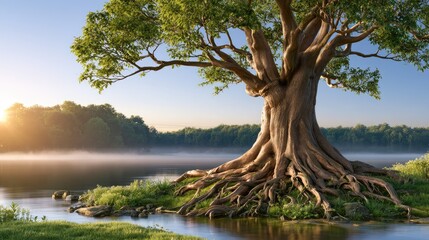 Fototapeta premium Majestic Tree by Calm Water at Sunrise with Roots Exposed and Misty Landscape Background