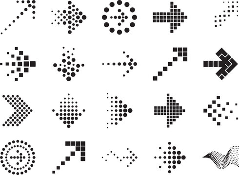 Halftone dotted arrow set collection pixelated directional navigation symbols vector icons for modern web design