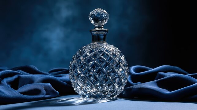 An elegant cut glass decanter stands on dark blue fabric with dramatic lighting. Perfect for luxury bar and beverage marketing concepts.