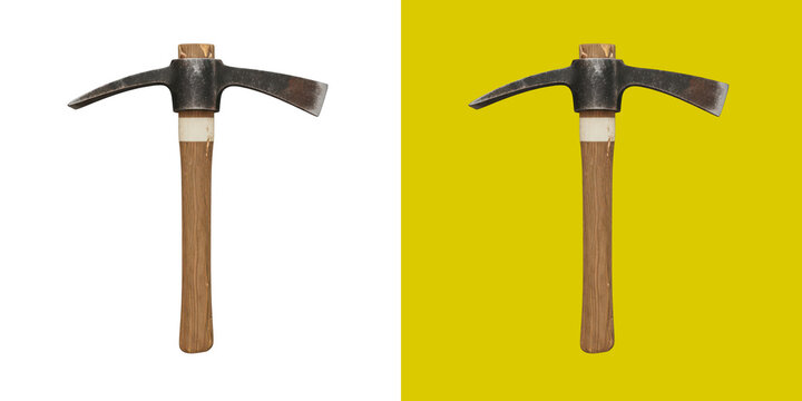 Old rustic pickaxe tool with a weathered metal head and a sturdy wooden handle