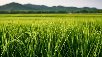 Obraz premium Vibrant green rice paddies stretch across a serene landscape with soft hills in the distance under clear skies