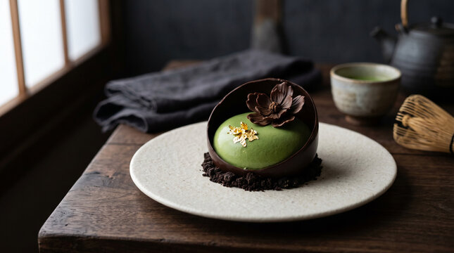 Halloween matcha cake, elegant emerald matcha mousse cake with a dark chocolate shell. Halloween dessert theme