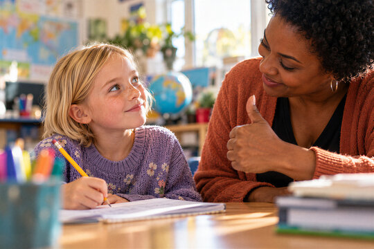 Teacher Encouraging Student After Completing Classroom Schoolwork