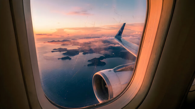 Airplane window view of ocean islands during sunset