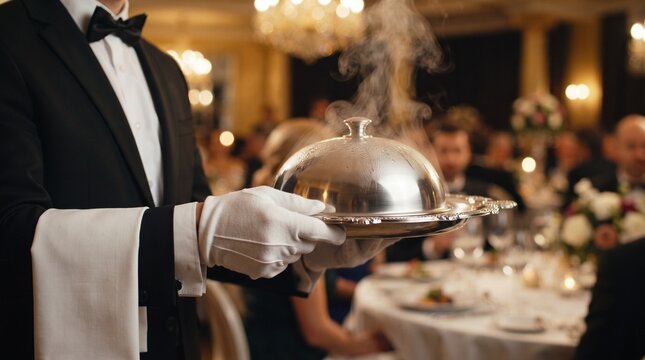 Waiter in tuxedo serving hot food on a silver platter in a restaurant