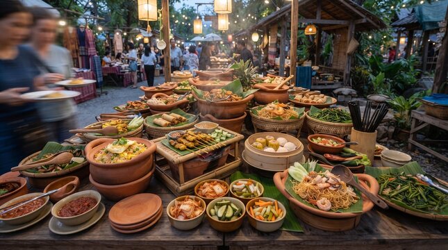 Traditional Thai street food buffet spread at an outdoor night market