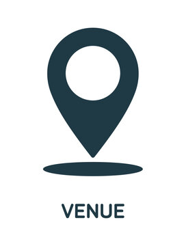 Venue Location Pin Icon: A simple dark blue icon depicting a map marker or pin with the word VENUE below it, signifying a location.