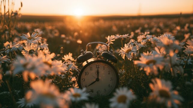 An alarm clock standing in a field of blossoming daisies during a warm sunset. Conceptual image representing spring time change and natural beauty.