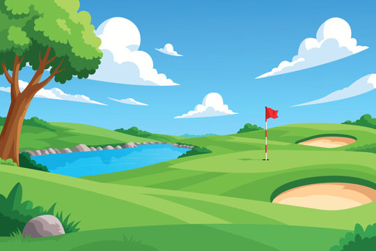 Vector Illustration of a Golf Course Fairway with Pond, Flag, Sand Bunkers, Tree and Blue Sky