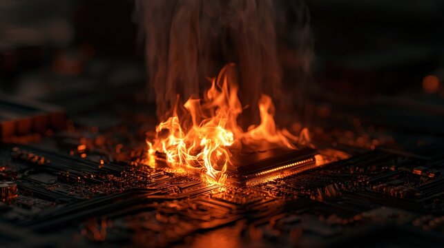 Computer processor on fire with smoke on a motherboard in dark lighting. Perfect for cybersecurity threat and hardware failure conceptual projects.