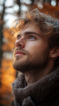 Portrait of bearded man wearing glasses outdoors during autumn evening with warm golden foliage behind him, shallow depth of field, front-facing three-quarter view