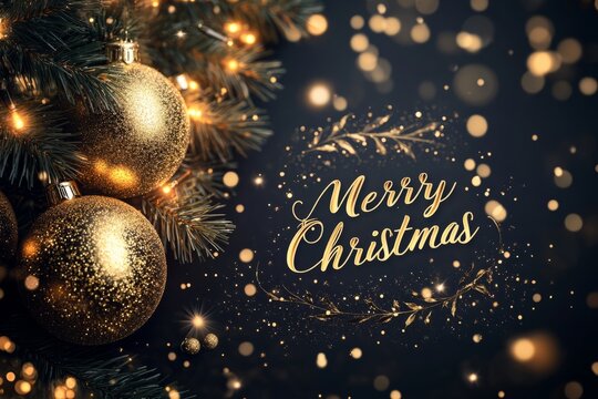 Golden merry christmas greeting with sparkling baubles and lights