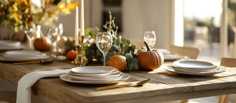 Thanksgiving dinner table set for autumn celebration