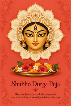 Festive goddess durga face with floral offerings ornate crown coral background and devotional motifs celebrating durga puja and navratri traditional greetings beautifully