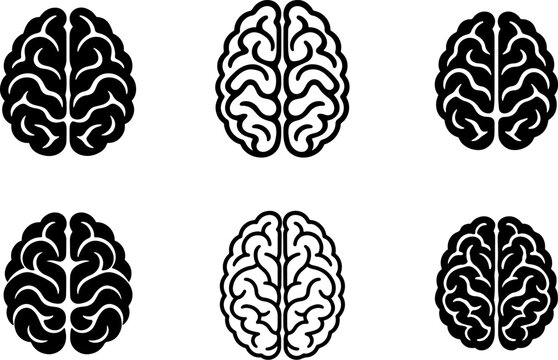 Human Brain Icon Set &ndash; Front View Black and White Brain Illustrations
