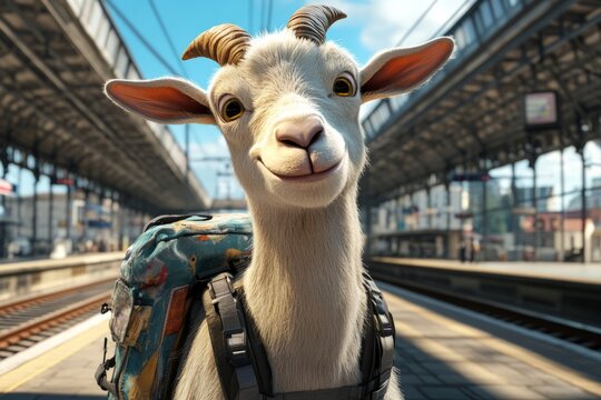Happy cartoon goat traveler waiting at train station