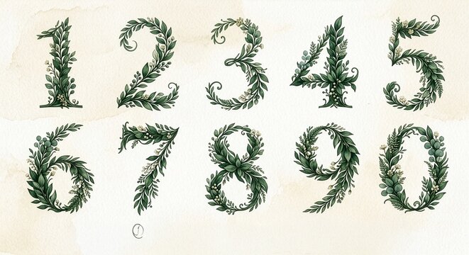 Hand drawn vintage botanical numbers set from zero to nine featuring green leafy branches and vines for elegant spring and garden theme designs