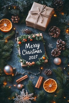 Merry christmas 2027 holiday greeting flat lay composition, vertical