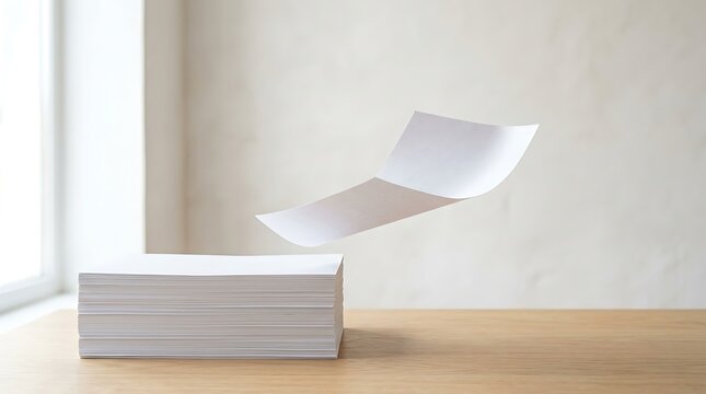 Single blank sheet of white paper floating above a stack on a wooden table