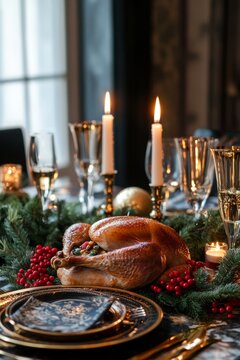 Roasted turkey dinner on festive christmas table, vertical