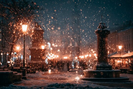 Snow falling in a cozy winter city square