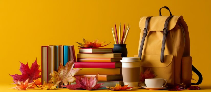 Back to school concept with books, backpack, and autumn leaves
