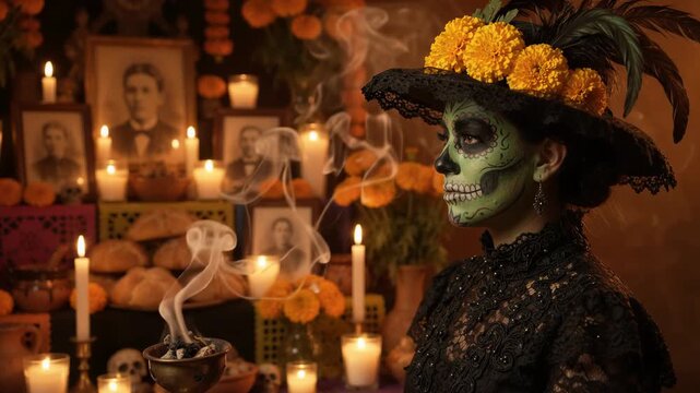Woman standing near altar, celebrating el dia de muertos day of the dead, showing green catrina makeup, wearing black hat with marigolds, incense burning beside candlelight portraits, mexico culture.