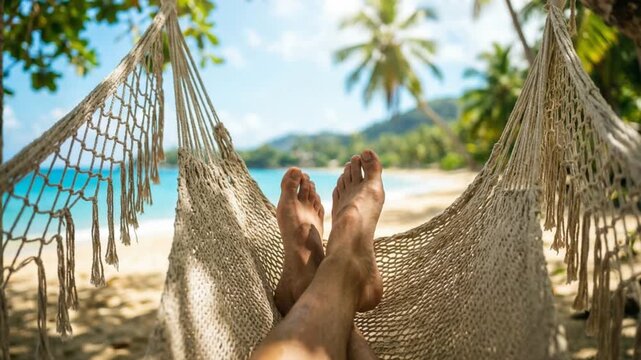 Bare feet rest inside macrame hammock swaying gently before sunny tropical beach. Traveler relaxes peacefully while enjoying serene ocean view bordered by lush green palm trees and blue sea.