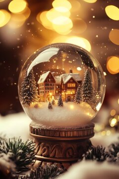 Cozy winter village inside christmas snow globe with bokeh, vertical
